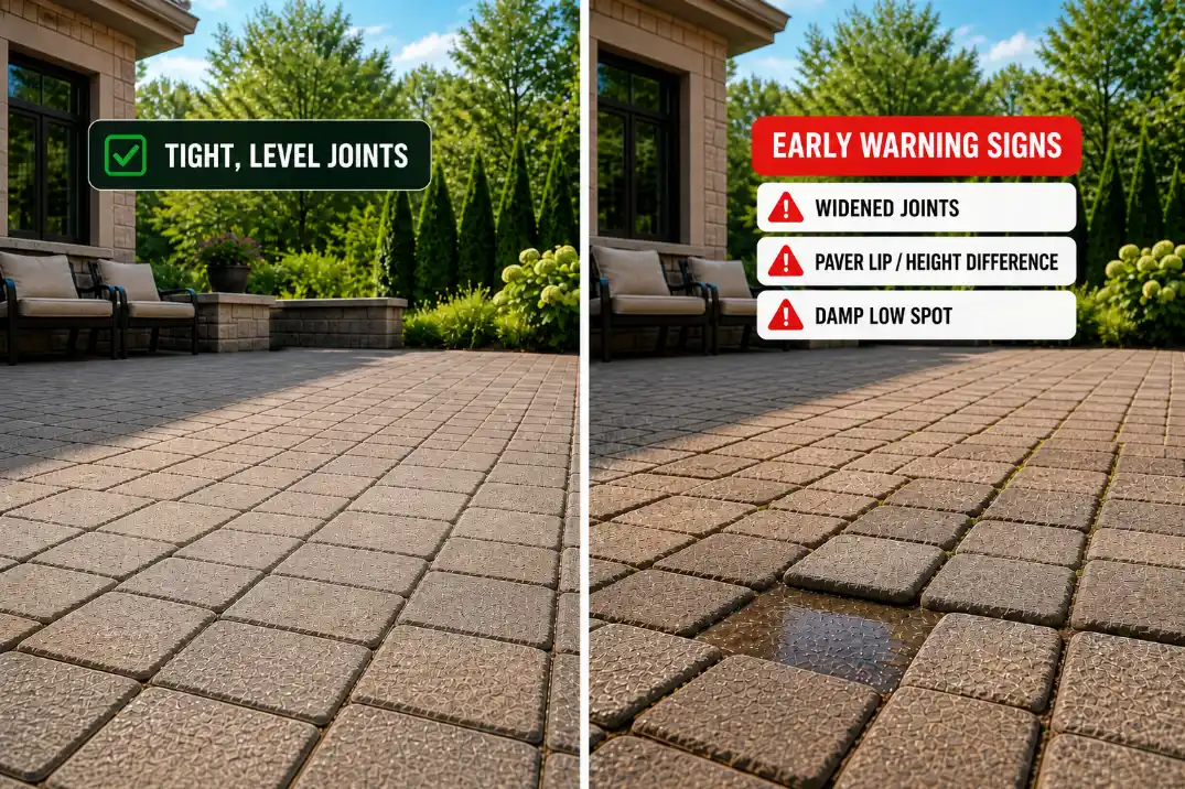 Comparison visual showing stable patio pavers beside shifted pavers with widened joints, raised edges, and early warning signs.