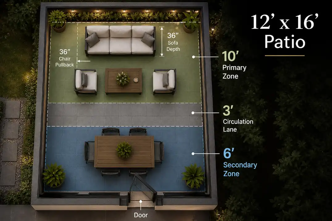 Overhead 12x16 patio floor plan showing 10-foot primary zone, 6-foot secondary zone, chair clearance, and walking lane