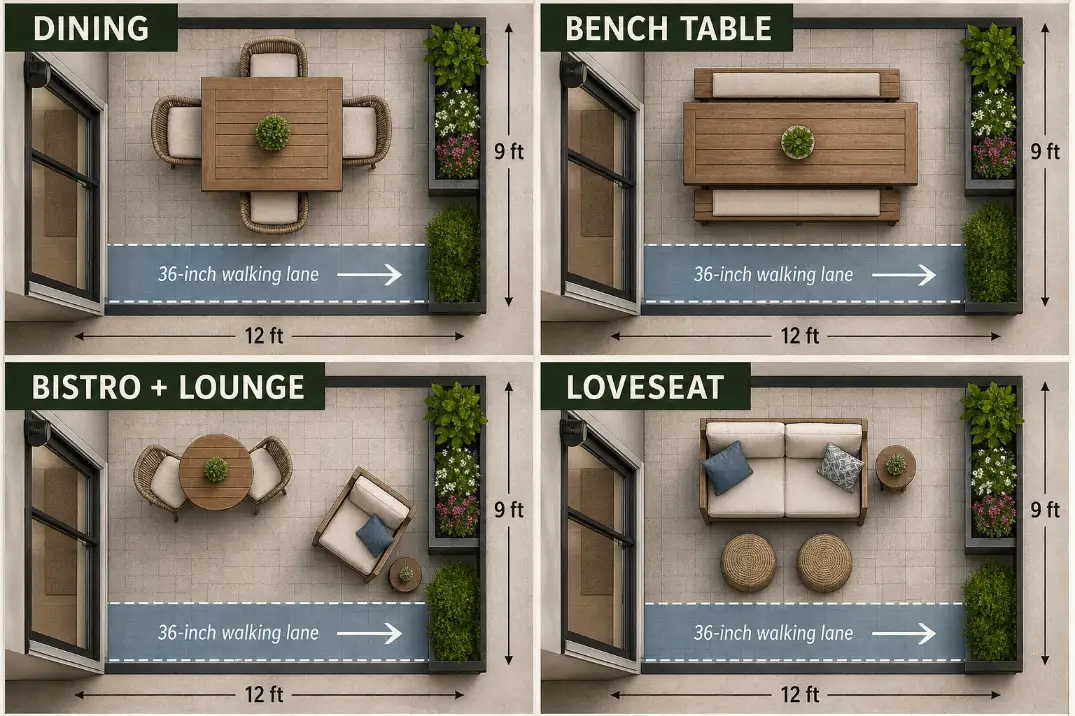 Four 9x12 patio furniture layout ideas showing dining, bench table, bistro lounge, and loveseat arrangements with clear walking lanes.