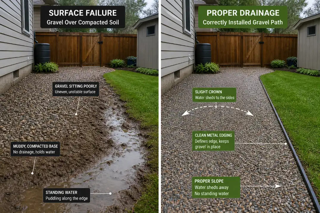Comparison of decorative gravel over wet compacted soil versus edged gravel with better drainage slope.
