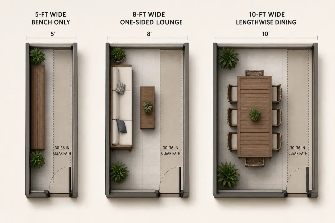 Premium diagram showing long narrow patio layouts by width with clear 30 to 36 inch walking paths.