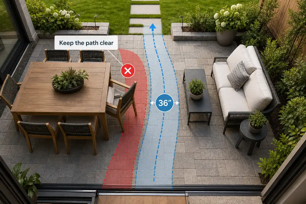 Overhead view of a small rectangular patio showing a blocked walking route and a corrected 36-inch clear path.