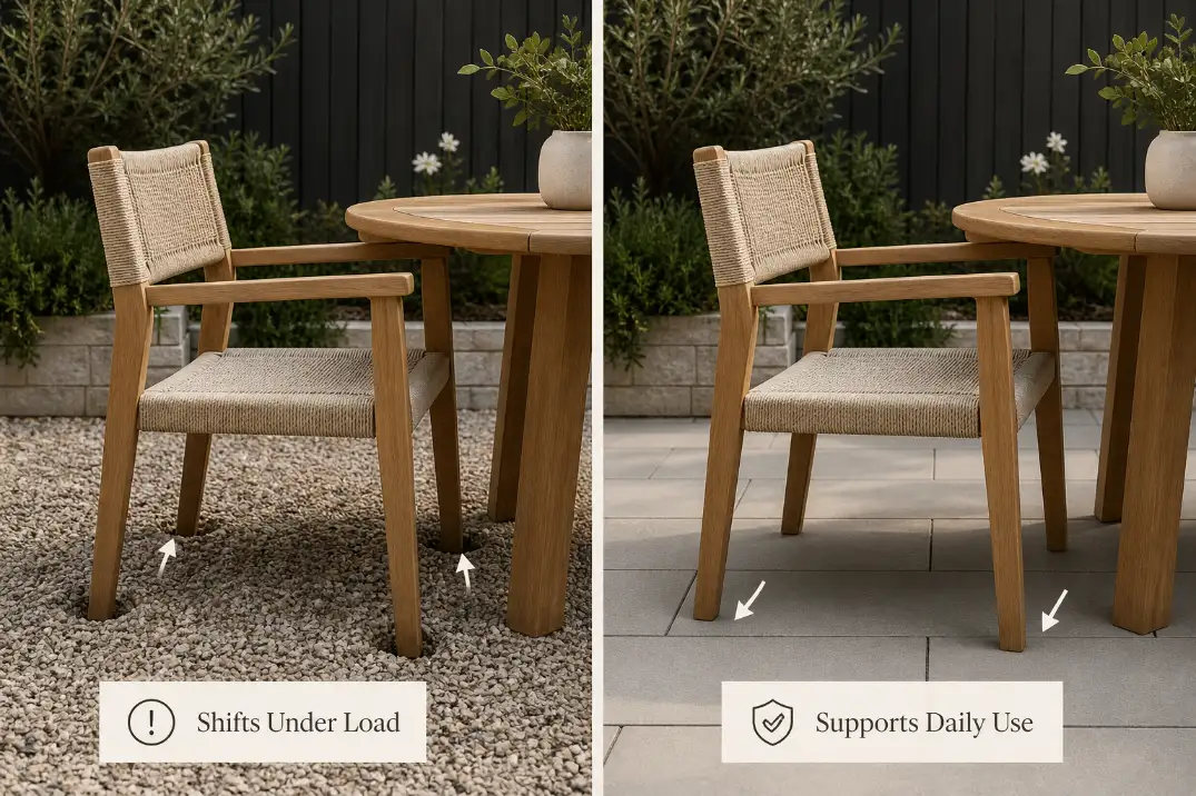 Backyard dining chair sinking into loose gravel compared with the same chair sitting level on a stable paver patio surface.