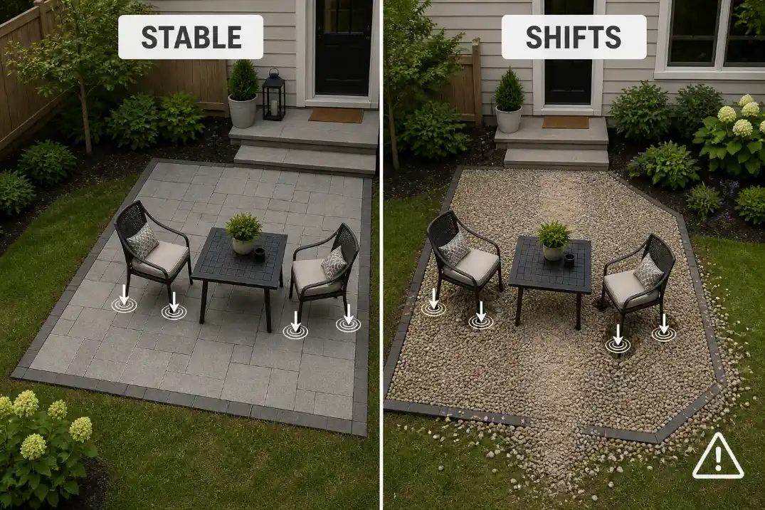 Comparison visual showing stable concrete pavers versus shifting pea gravel under patio chairs in a small backyard.