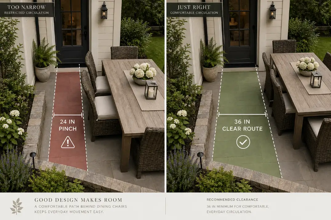 Premium comparison graphic showing a blocked 24-inch patio pinch point beside a corrected 36-inch clear walking route.
