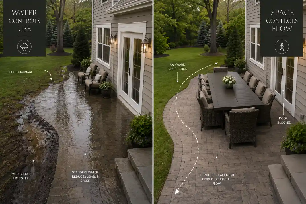 Premium comparison visual showing a wet patio where water controls use and a dry patio where furniture blocks layout flow.
