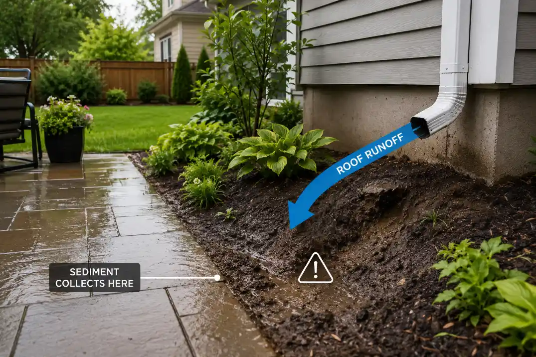 Backyard downspout runoff washing soil toward a patio with labeled roof runoff arrow and sediment collection area