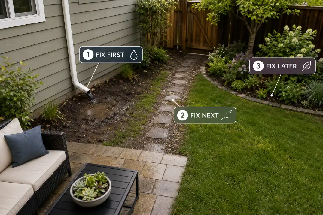 Small backyard triage graphic showing drainage as fix first, walking route as fix next, and decorative planting as fix later.