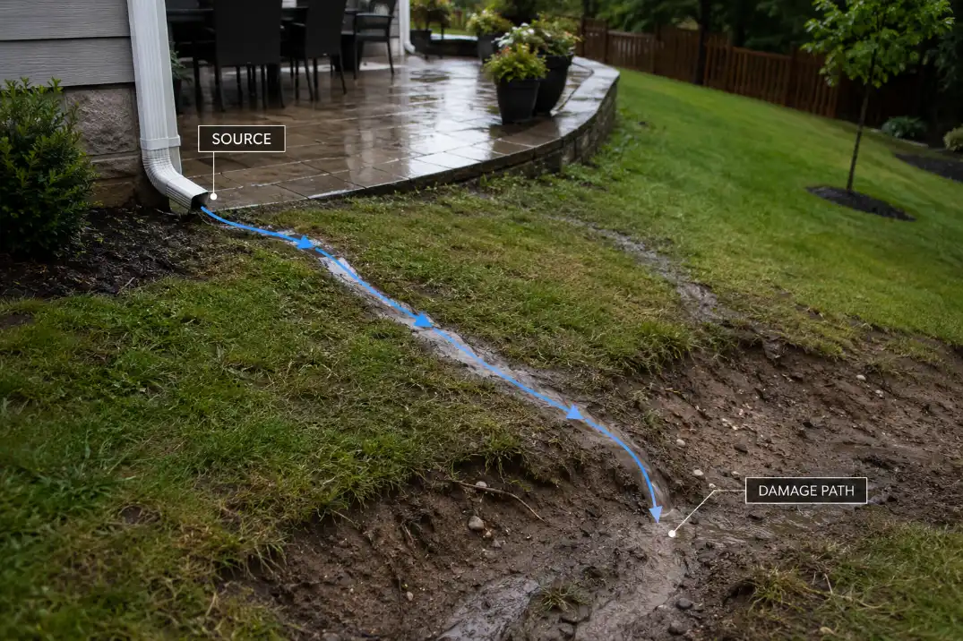 Backyard slope with premium overlay labels showing downspout runoff source and erosion damage path near a patio.