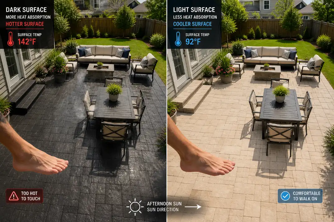 Dark charcoal patio pavers compared with light beige pavers showing why darker patio surfaces get hotter in summer.