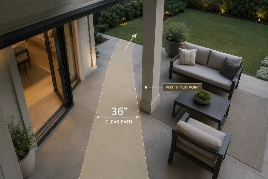 Covered patio layout showing a premium overlay with a blocked 36-inch walking path near a door and support post.