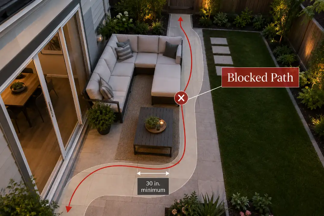 Small patio sectional layout with premium overlay showing a blocked 30-inch walking path from the patio door.