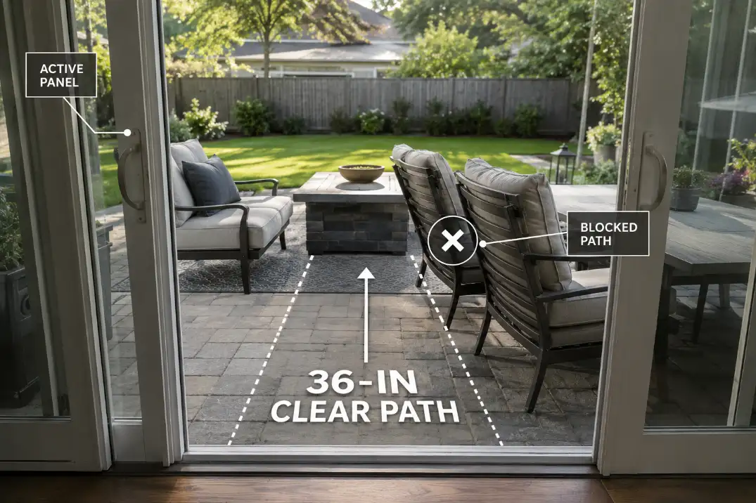 Sliding glass door patio layout with premium overlay showing a blocked traffic lane and 36-inch clear path.