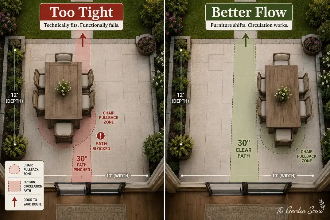 Premium comparison graphic showing a blocked patio walkway versus a better furniture layout with a clear 30-inch path.
