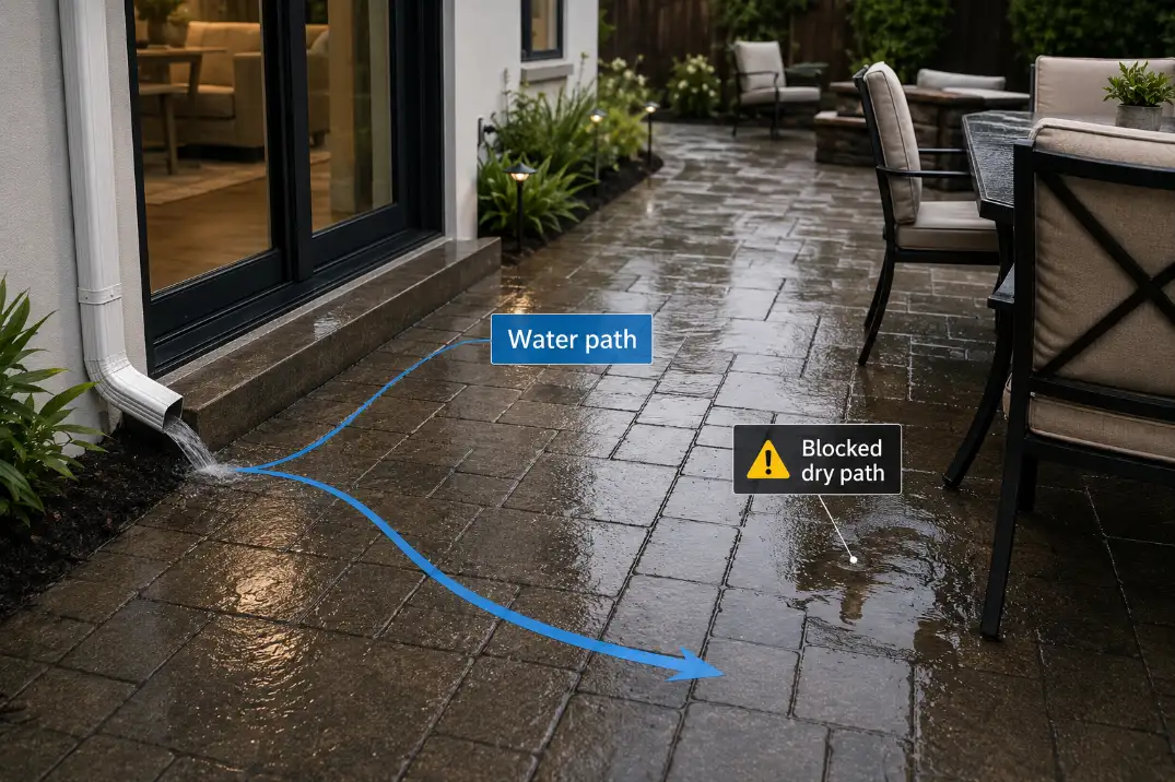 Patio drainage visual with labeled water path crossing the seating route and blocking the dry walking path
