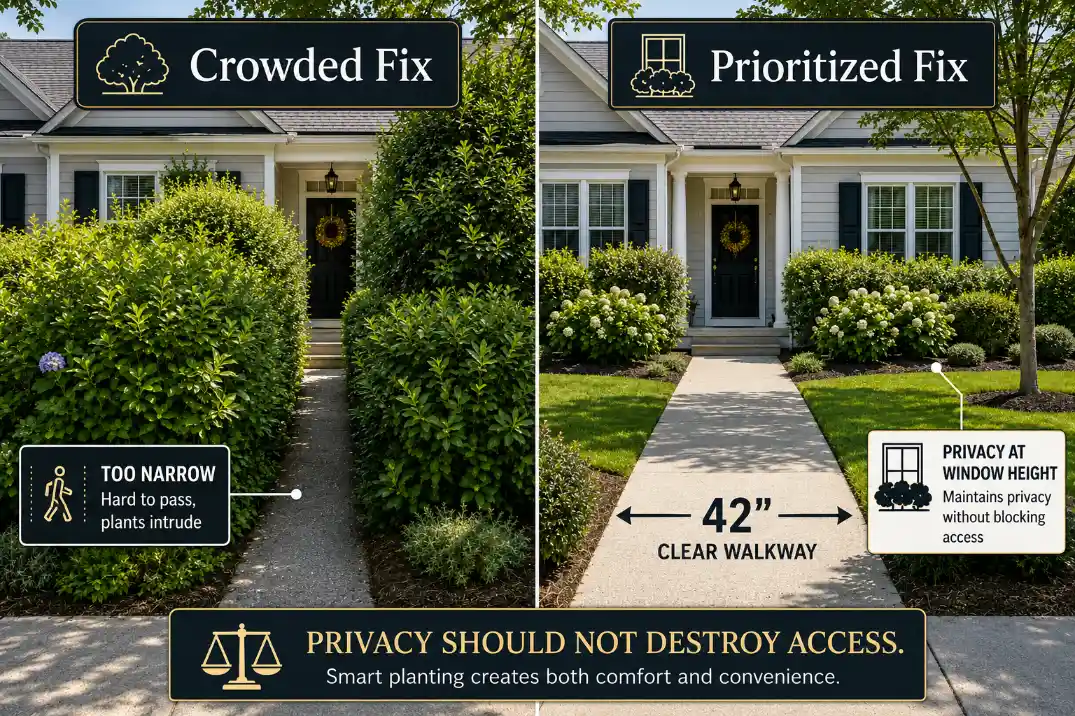 Premium comparison visual showing crowded privacy planting versus a clear walkway with targeted window screening.