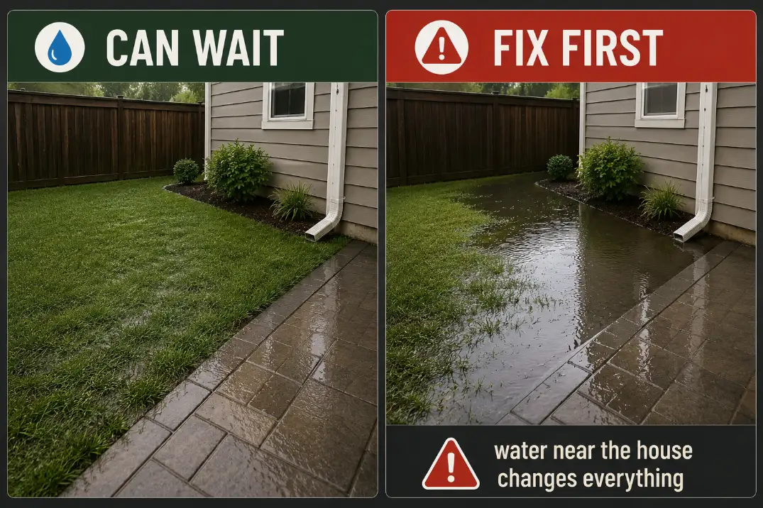 Premium comparison graphic showing normal damp backyard soil versus standing water near a patio that should be fixed first.