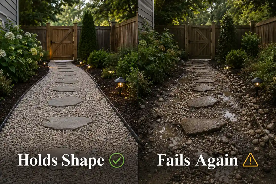 Premium comparison visual showing a stable gravel path labeled Holds Shape and a failing gravel path labeled Fails Again with mud and scattered stones.