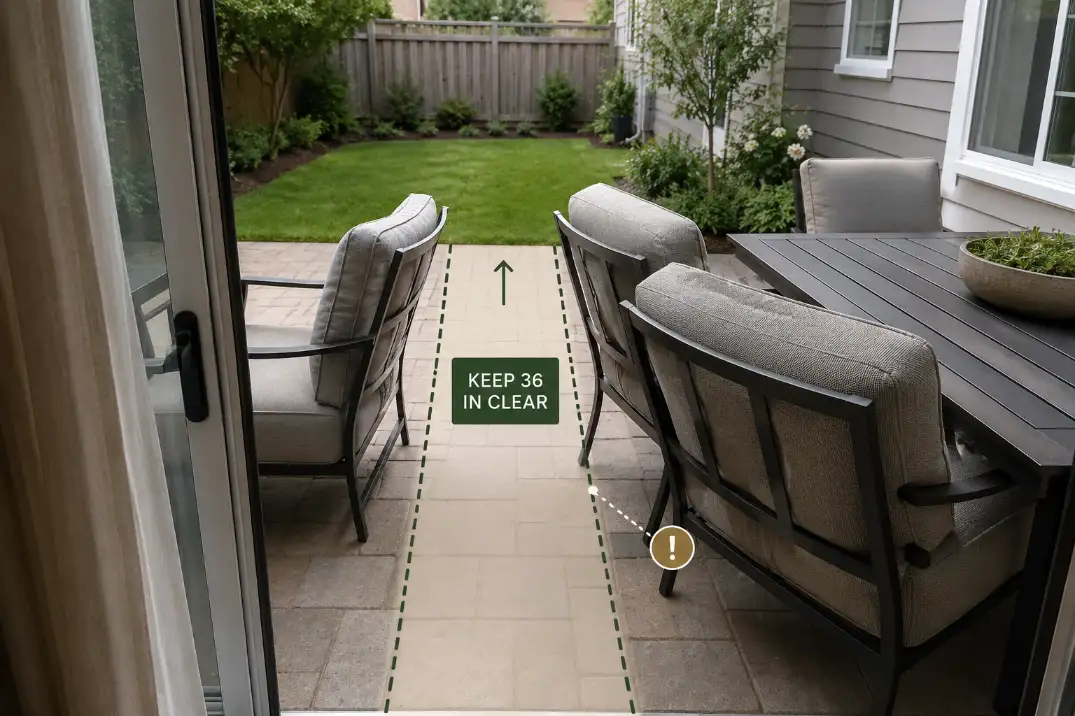 Small backyard patio with premium overlay showing a blocked 36-inch walking path caused by oversized furniture.