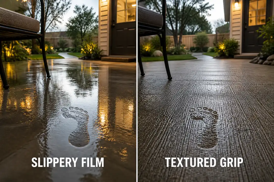 Comparison of glossy wet sealed concrete and matte textured low-slip patio surface after rain.