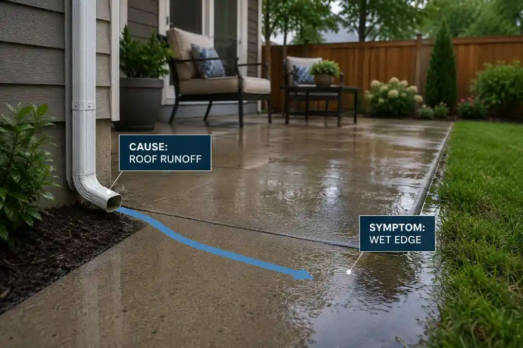 Backyard patio graphic showing roof runoff from a downspout causing a wet patio edge with cause and symptom labels.