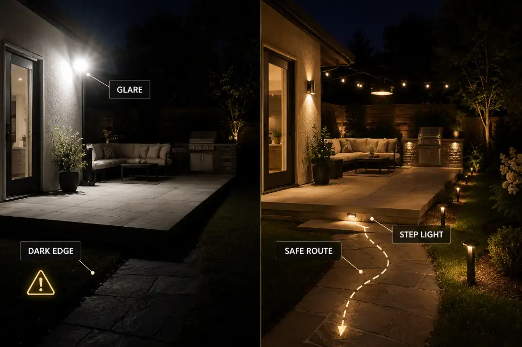 Comparison graphic showing harsh floodlight glare and dark patio edges versus layered backyard lighting with safe route and step lights.