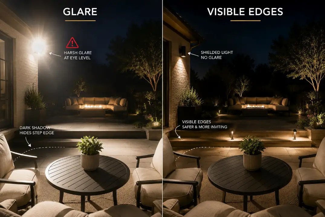 Premium comparison visual showing backyard floodlight glare versus shielded lighting that makes patio edges visible