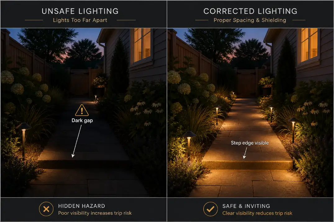 Comparison graphic showing a dark gap on a backyard step versus corrected path lighting that makes the step edge visible