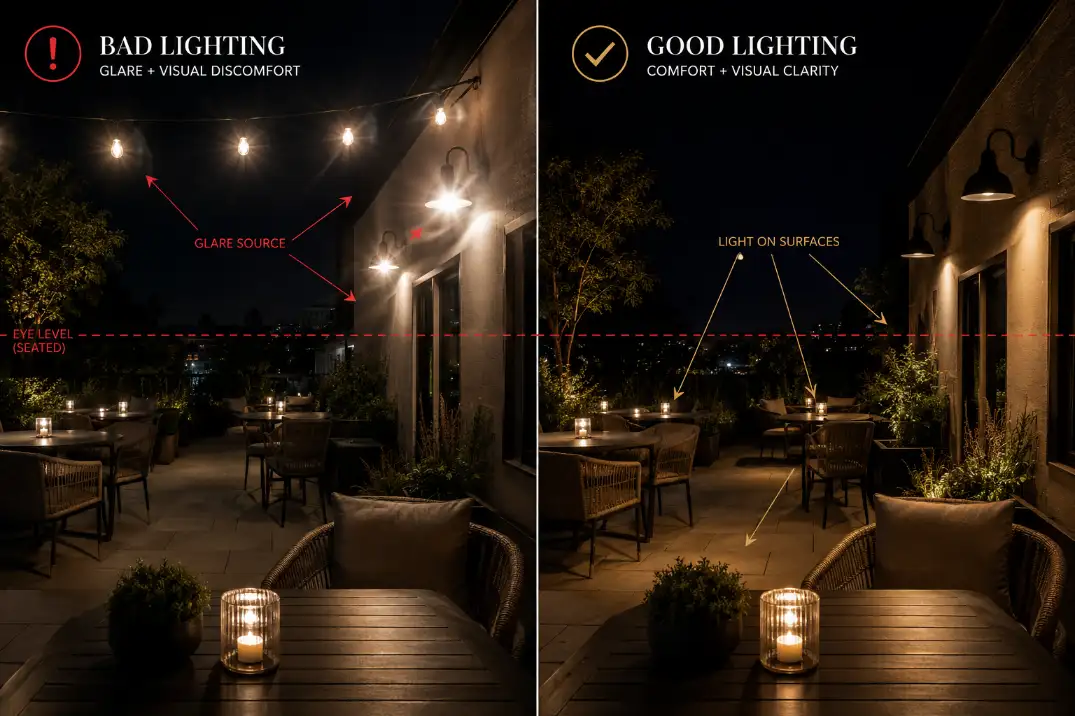 Comparison visual showing exposed patio bulbs causing glare versus shielded lighting aimed at patio surfaces