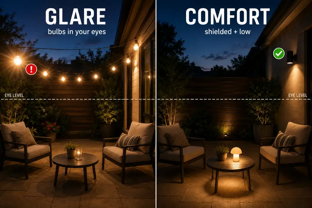 Premium comparison graphic showing exposed glare bulbs versus shielded patio lighting that feels calmer and less cluttered.