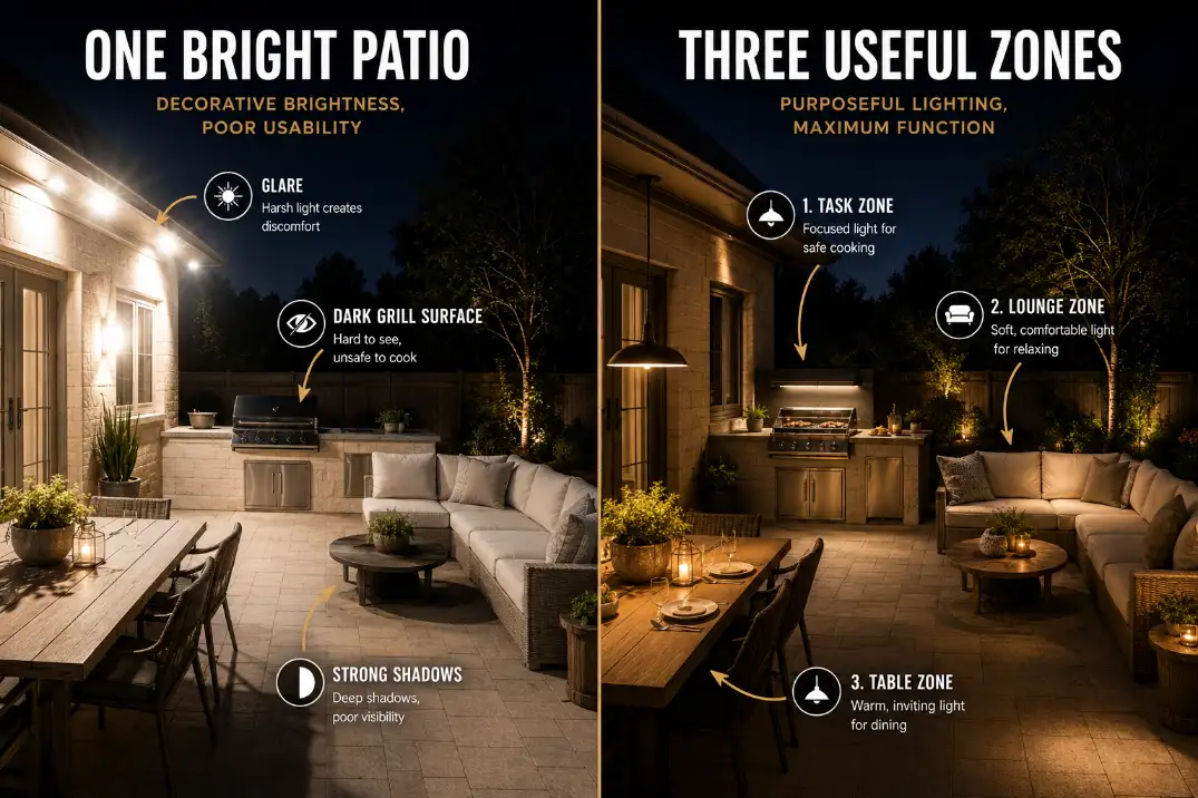 Comparison graphic showing one bright patio light versus separate dining, lounge, and grill lighting zones.