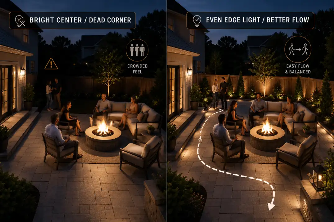 Premium comparison visual showing how a dim backyard corner crowds patio flow while even edge lighting opens the layout