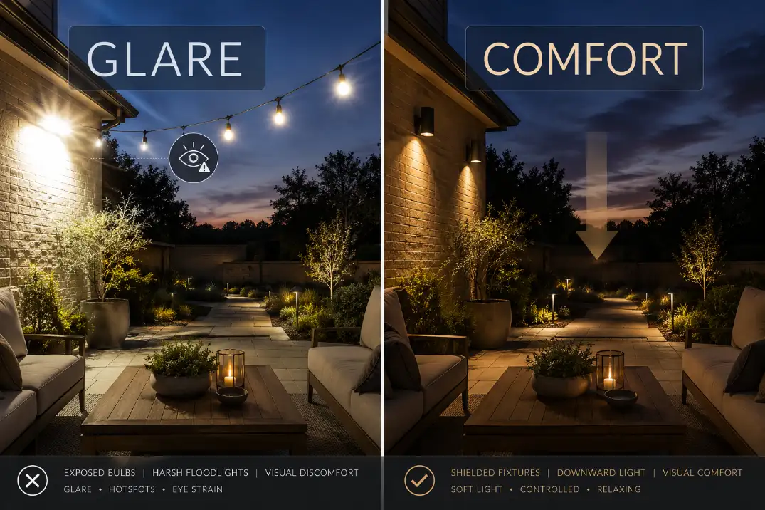 Premium comparison graphic showing backyard glare from exposed bulbs versus comfortable shielded lighting aimed at the table and path.