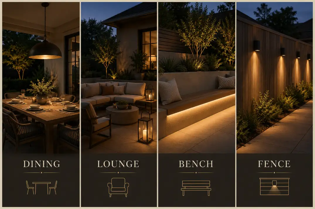 Four-panel premium patio lighting graphic showing warm ideas for dining tables, lounge seating, built-in benches, and fences.