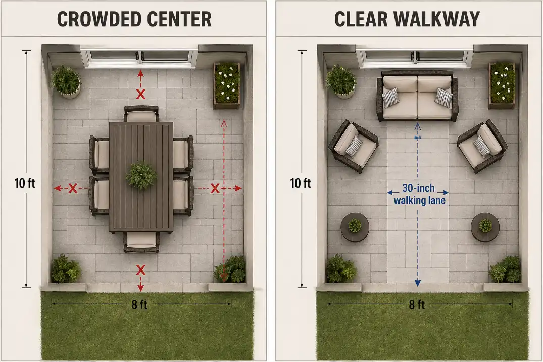 Comparison of cramped and open 8x10 patio layouts showing centered furniture versus edge seating with a clear walkway.