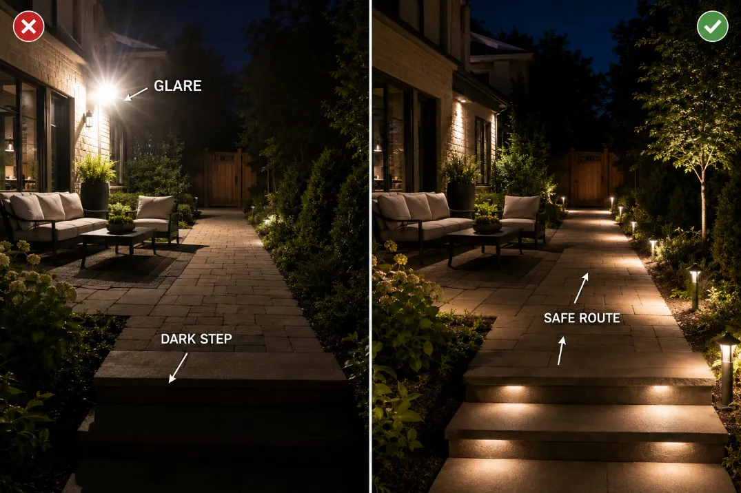Premium comparison visual showing backyard glare and dark step gaps versus a safer lit route with clear path lighting