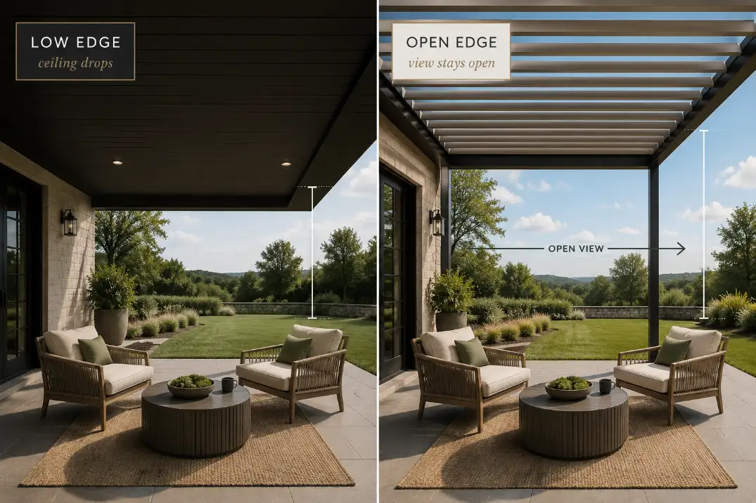 Comparison visual showing how a low dark canopy makes a small patio feel cramped while a higher partial shade setup keeps the view open.