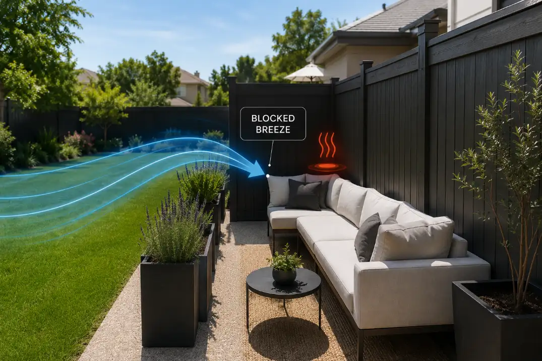 Backyard seating against a privacy fence with a premium overlay label showing blocked breeze and trapped heat.