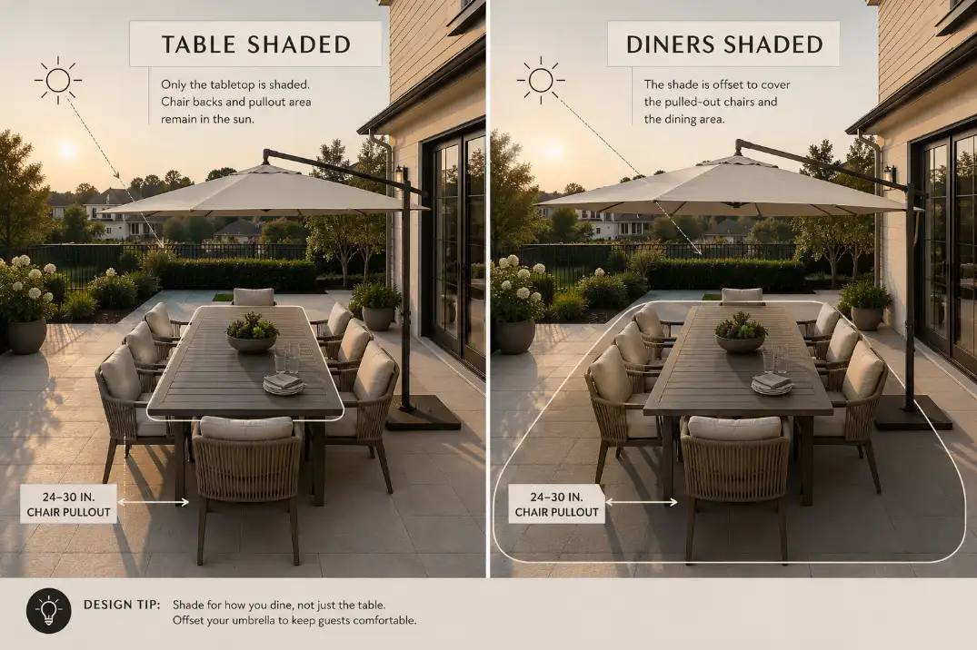 Premium comparison graphic showing patio shade covering only the tabletop versus shade covering the pulled-out dining chairs.
