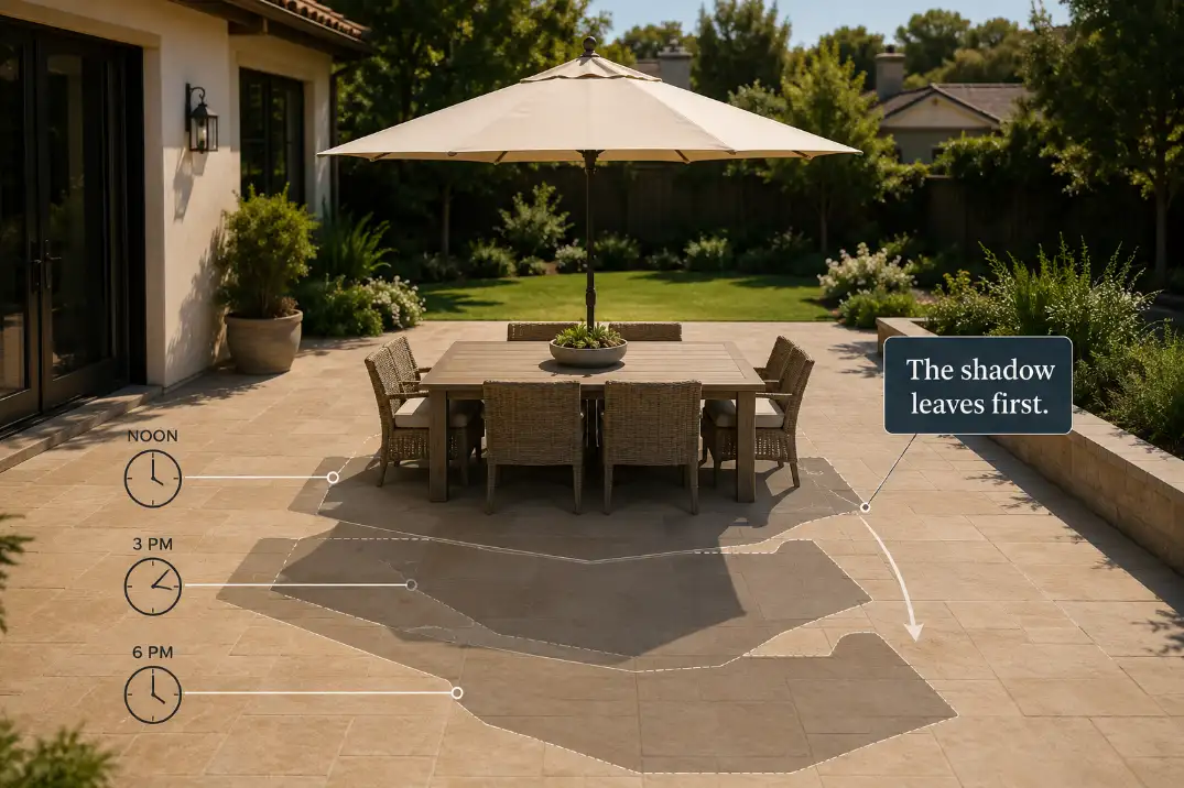 Premium diagnostic visual showing patio umbrella shade moving away from chairs at noon, 3 PM, and 6 PM
