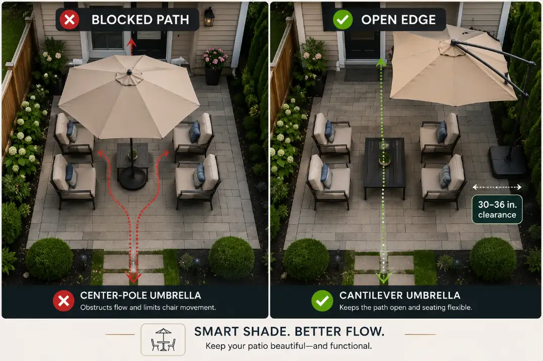 Overhead comparison showing a center umbrella blocking a small patio path and an edge-mounted umbrella keeping the walkway open
