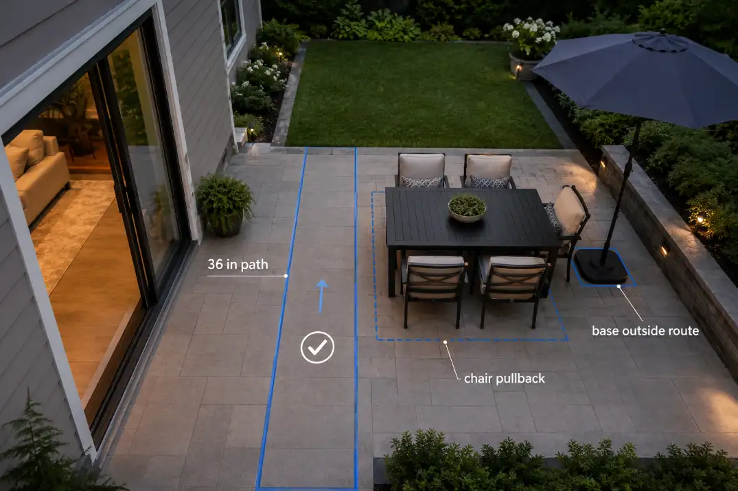 Patio tape test with premium labels showing a 36-inch walkway, chair pullback space, and shade base outside the route