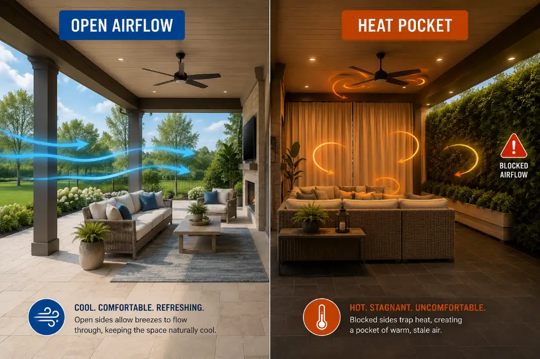 Premium comparison graphic showing open airflow versus a heat pocket on a covered patio with blocked side openings.