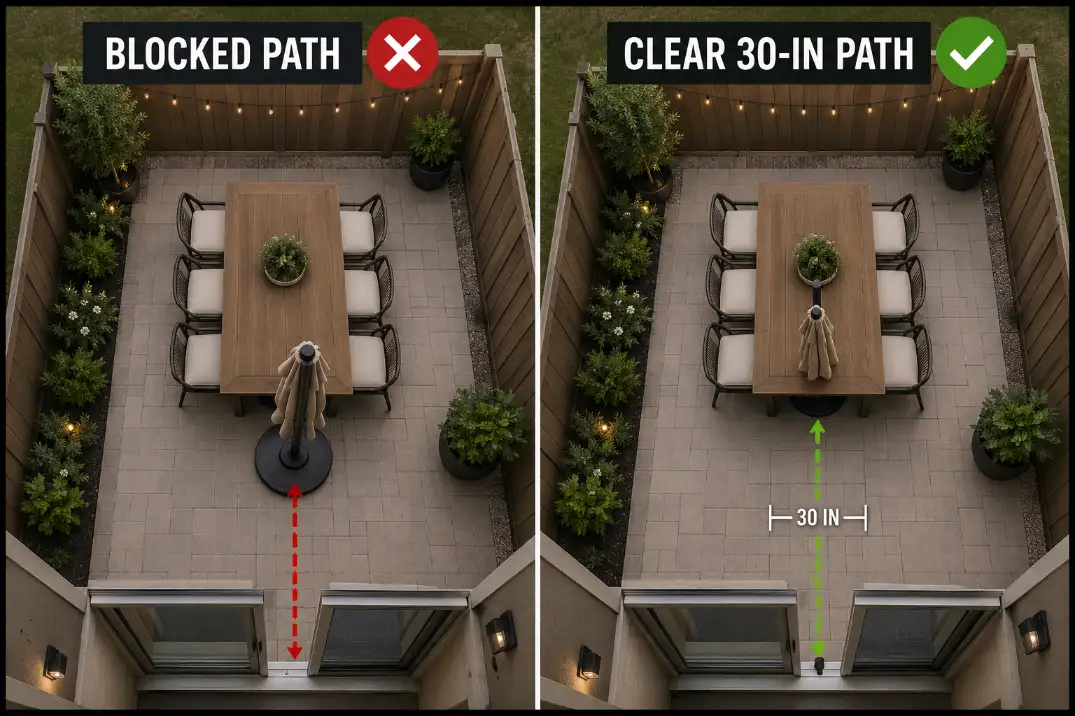Premium comparison graphic showing a patio umbrella base blocking a walkway versus a base placed under the table with a clear 30-inch path