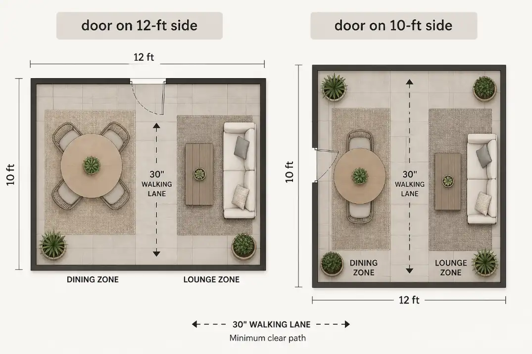 Side-by-side 10x12 patio layout plans showing how door placement changes dining and lounge zones.