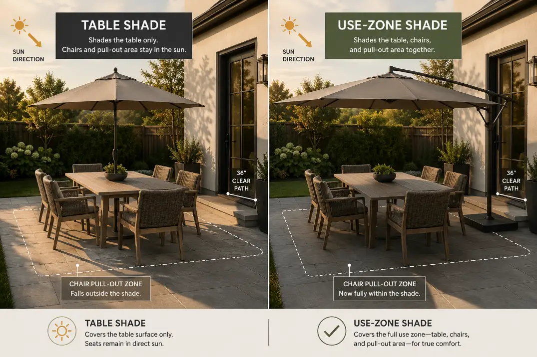 Premium comparison graphic showing table-only patio shade versus full use-zone shade for dining chairs.