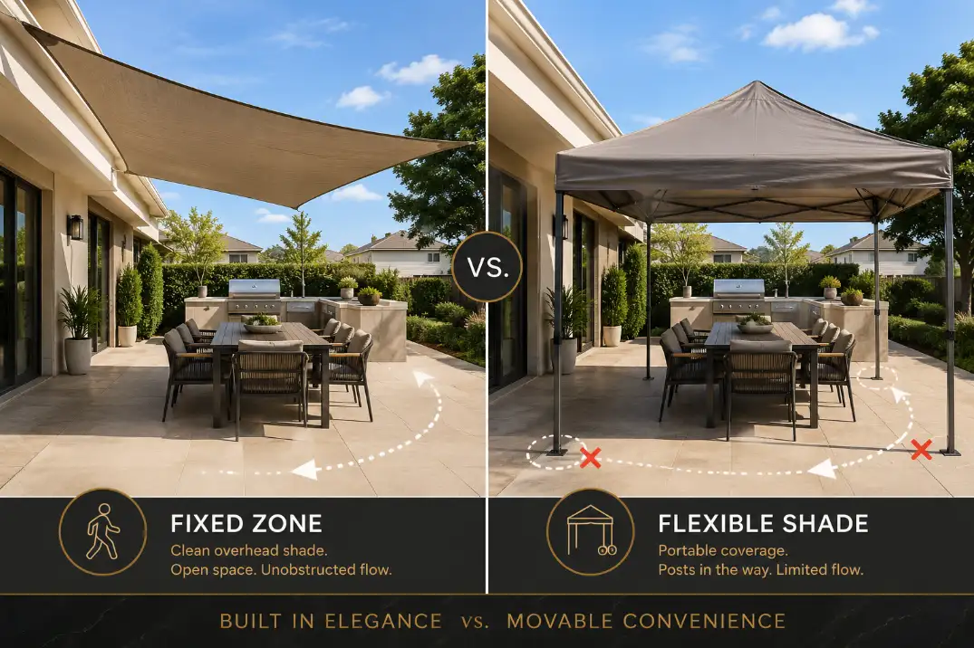 Comparison visual showing a shade sail for a fixed patio zone and a pop-up canopy for flexible shade with walkway obstruction.