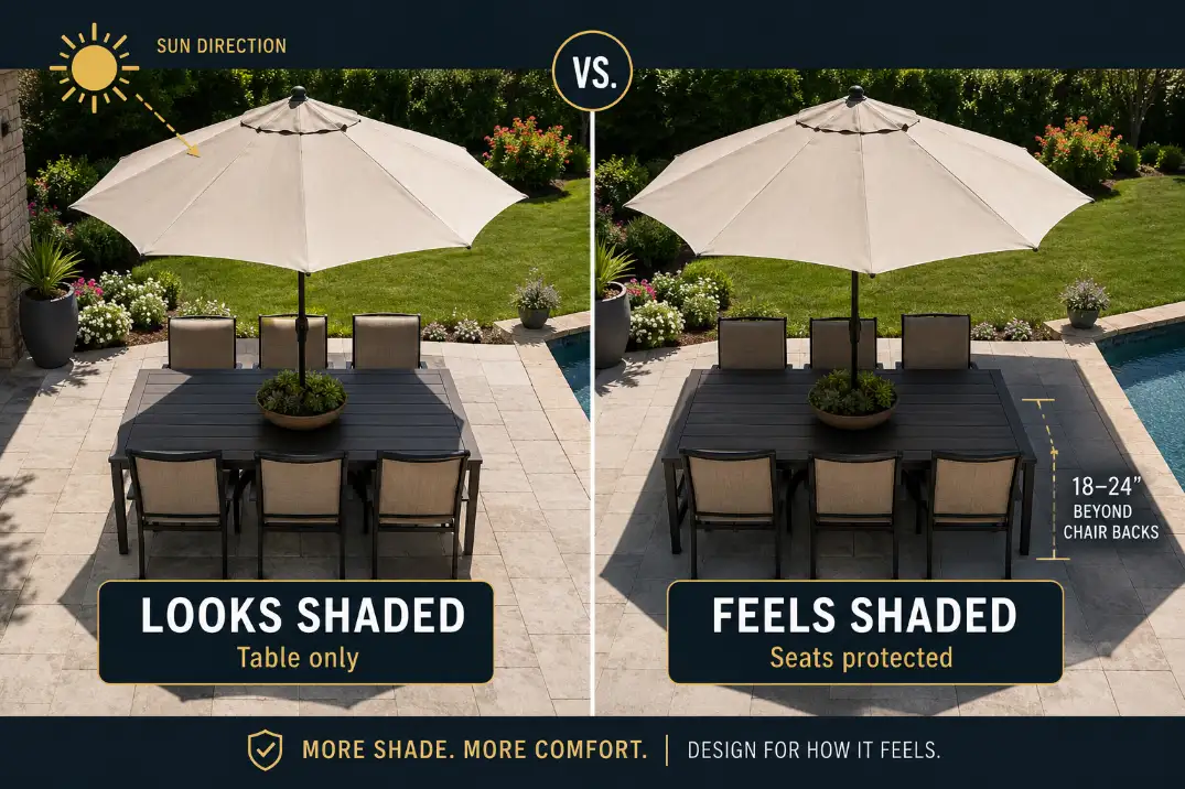 Comparison showing patio shade that only covers the table versus shade that extends beyond the dining chairs.