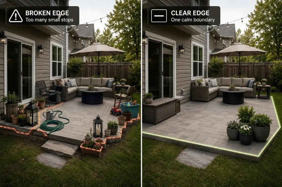 Comparison of cluttered patio edges and clear patio edges showing how boundary clutter makes a backyard feel smaller.