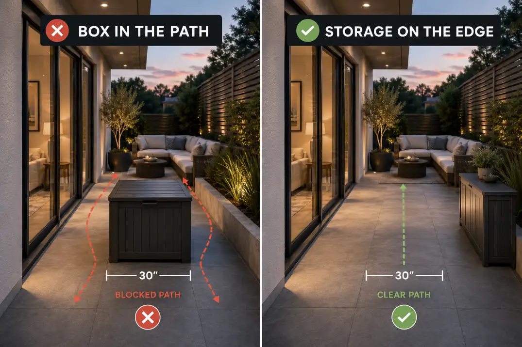 Side-by-side patio comparison showing a deck box blocking the path versus edge storage that keeps the walkway open.